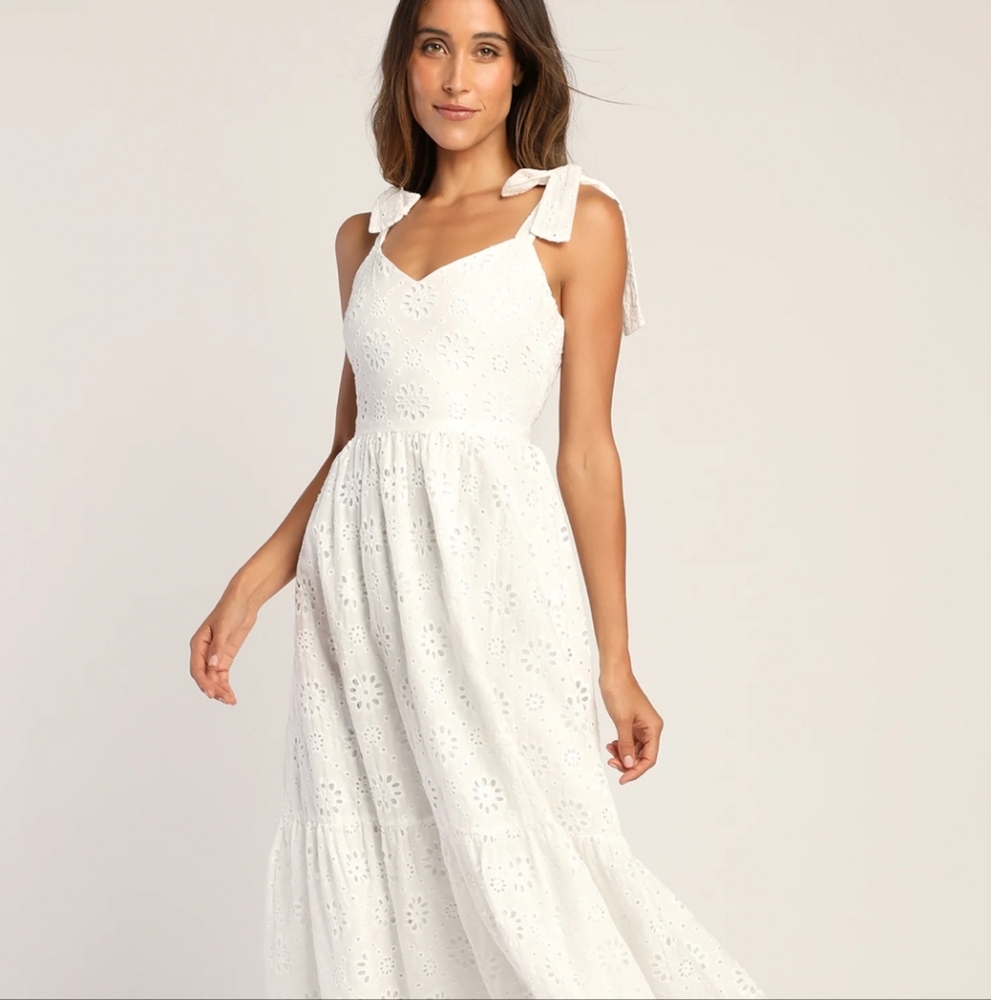 Perfect Vacation White Eyelet Embroidery Tie-Strap Midi Dress